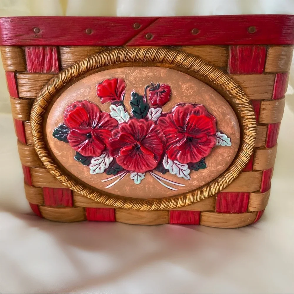 Vintage 70s ceramic floral planter basket holder home decor container